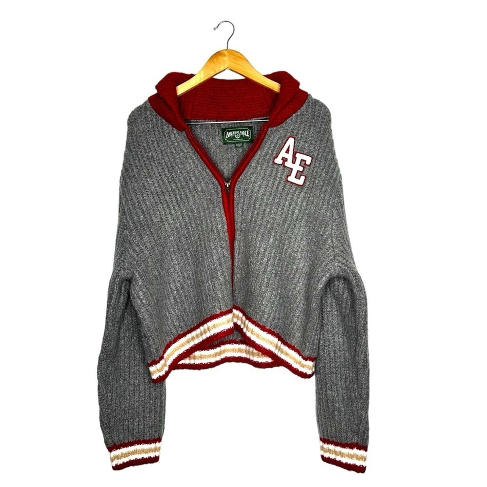 American Eagle Grey Patchwork Varsity Preppy Zip … - image 9